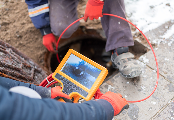 Plumber using pipe inspection camera